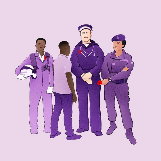 Purple graphic showing military figures