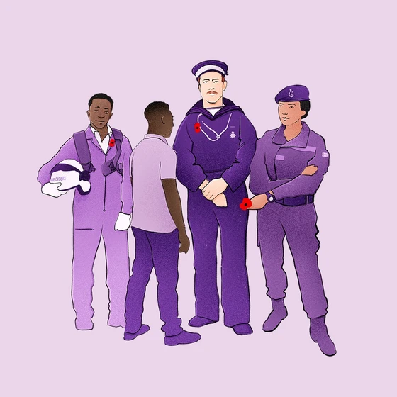 Teaching Remembrance purple card Purple graphic showing military figures