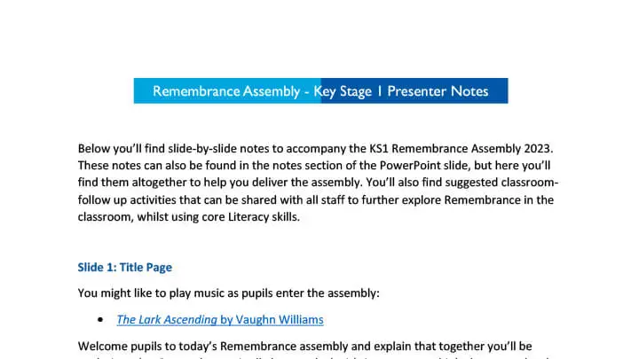 Key Stage 1 - Remembrance Assembly Presenter Notes